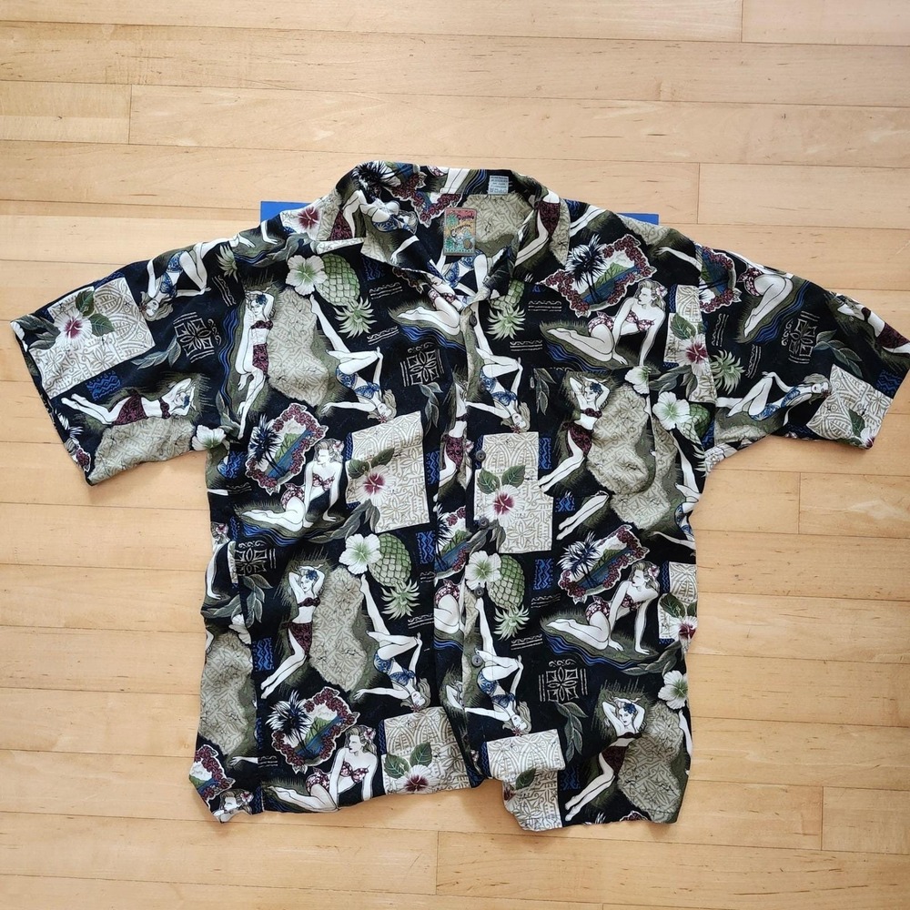Vintage Hawaiian Shirt Rayon 2XLT Black  Pineapple Connection Mens Pin Up Girl